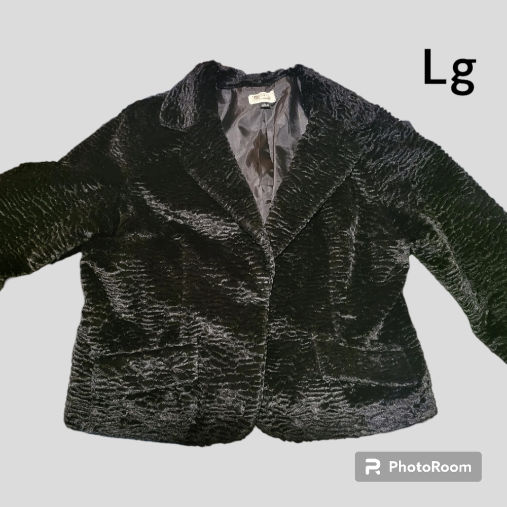 Ladies Lg Black textured faux fur waist length coat with silky lining